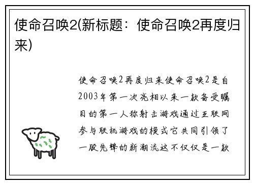 使命召唤2(新标题：使命召唤2再度归来)